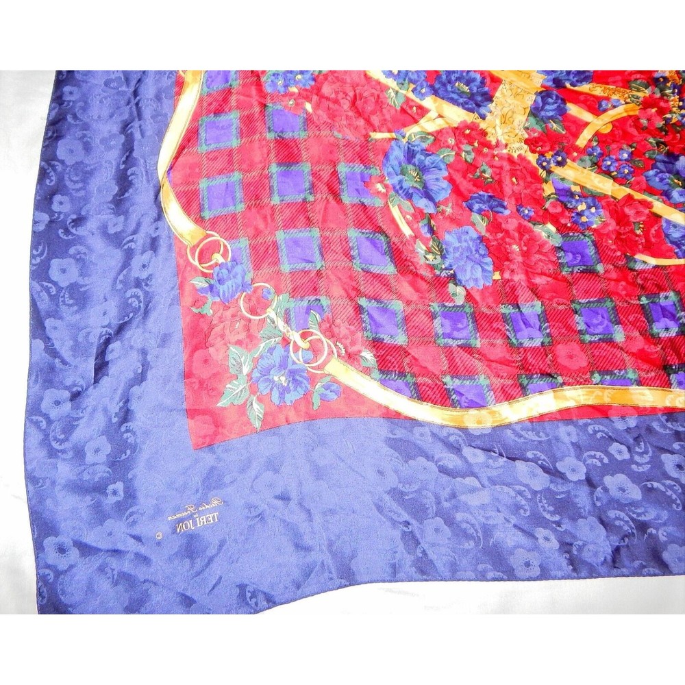 Ricki Freeman For Teri Jon Floral Silk Scarf Navy Red Gold Plaid Korea - Picture 14 of 16